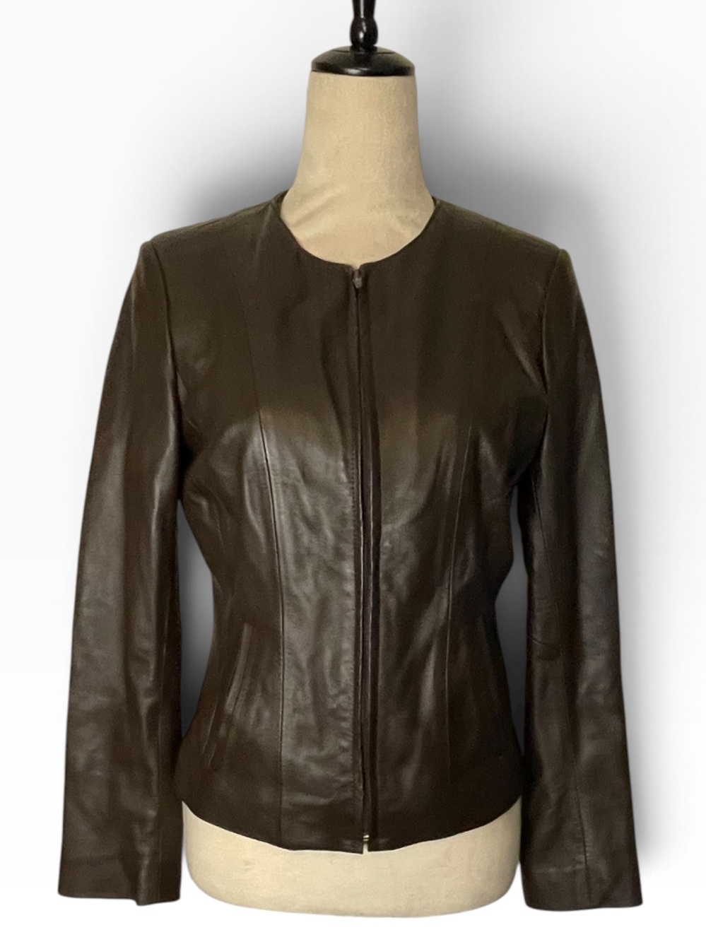 Vintage Giorgio Cuirs Women's Brown Young Cow Leather Full-Zip Collarless Jacket